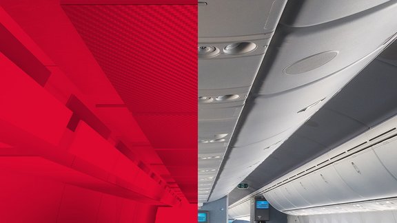 Geteilte Bildkomposition: Links rote Kunststoffplatten, rechts die Innenverkleidung einer Flugzeugdecke mit Gepäckfächern.